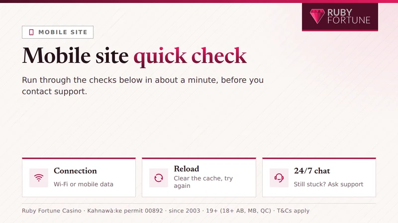 Ruby Fortune mobile site quick check card: connection, reload and 24/7 chat